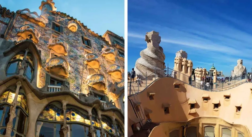Casa Batlló facade and Casa Milà rooftop by Antoni Gaudí in Barcelona