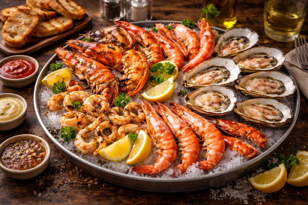 Fresh Spanish seafood platter with shrimp, oysters, calamari, and lemon