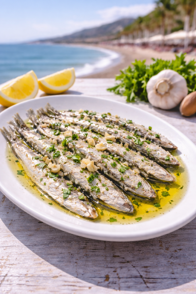 Boquerones en vinagre served with olive oil, garlic, and parsley by the seaside in Málaga, traditional Andalusian seafood dish