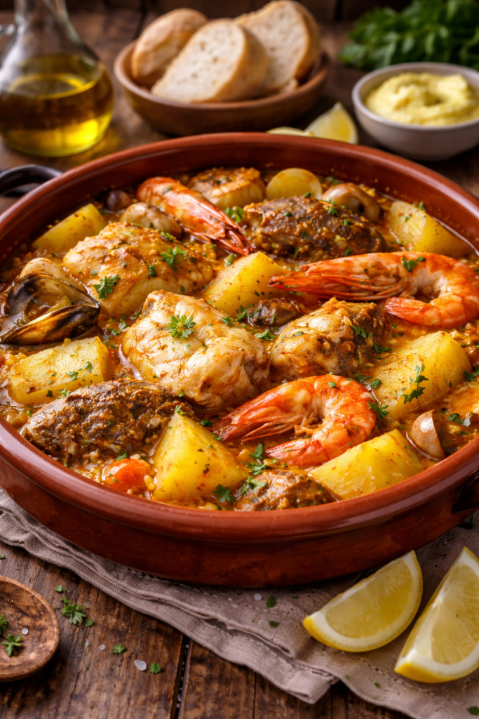 Traditional Bullit de Peix seafood stew from Ibiza served in a rustic clay pot with white fish, prawns, potatoes, saffron broth, alioli, and crusty bread on a wooden table