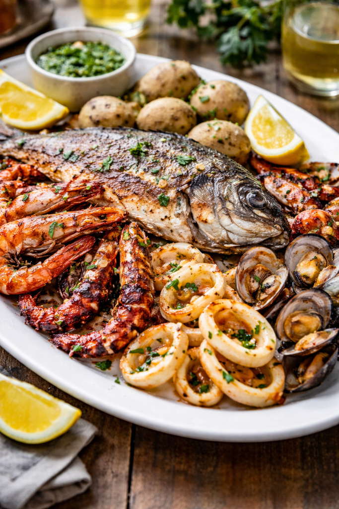 Fresh fish and seafood platter in the Canary Islands, featuring grilled whole fish, prawns, calamari, shellfish, boiled potatoes, lemon wedges, and traditional green mojo sauce
