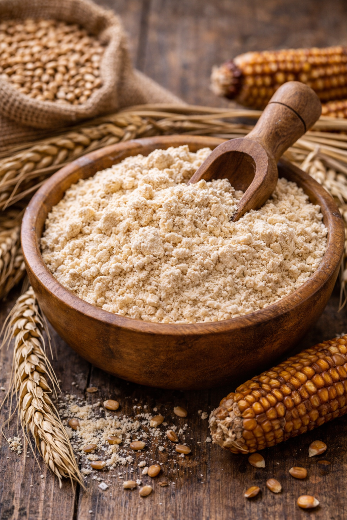Traditional Canarian gofio flour served in a wooden bowl, surrounded by wheat and corn on a rustic table, representing authentic Canary Islands cuisine