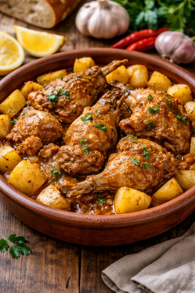 Traditional Canary Islands dish conejo en salmorejo, marinated rabbit cooked with garlic, paprika, herbs, and local spices