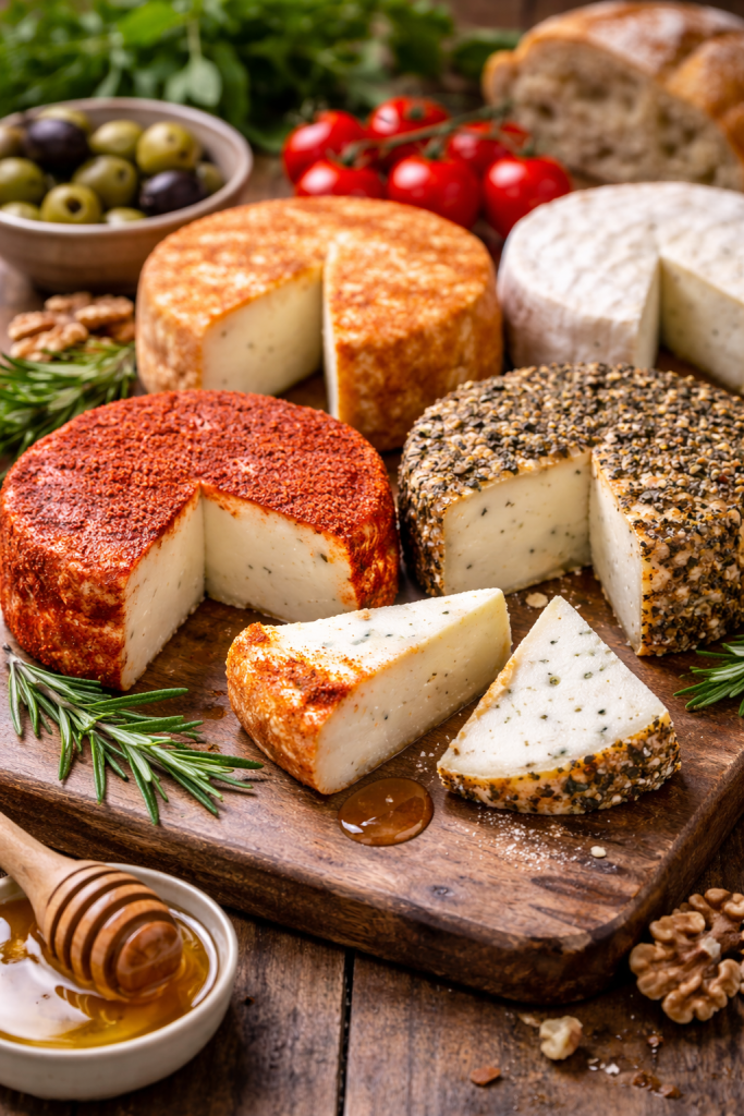 Assortment of local Canary Islands goat cheeses with herbs and paprika, served with bread, olives, and honey