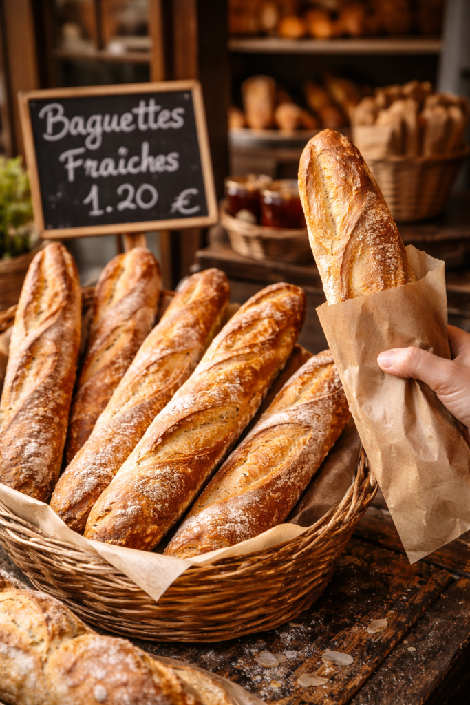 Fresh French baguette bought daily from a local bakery in France