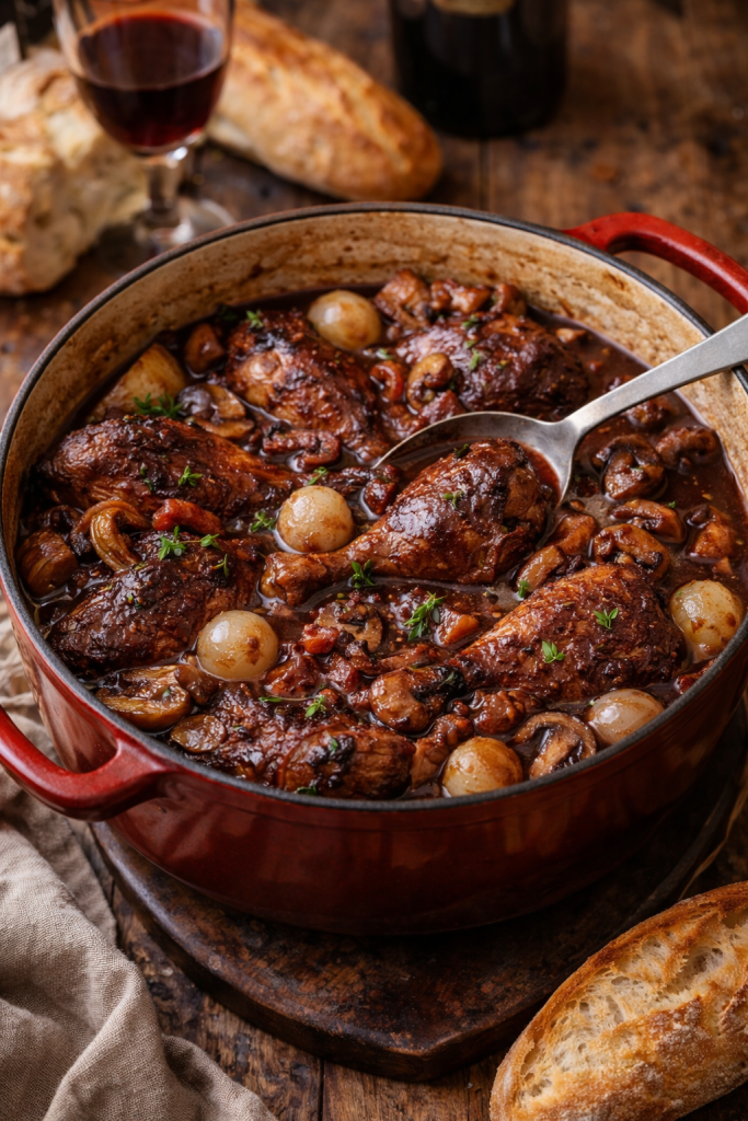 Coq au vin traditional French dish with chicken braised in red wine
