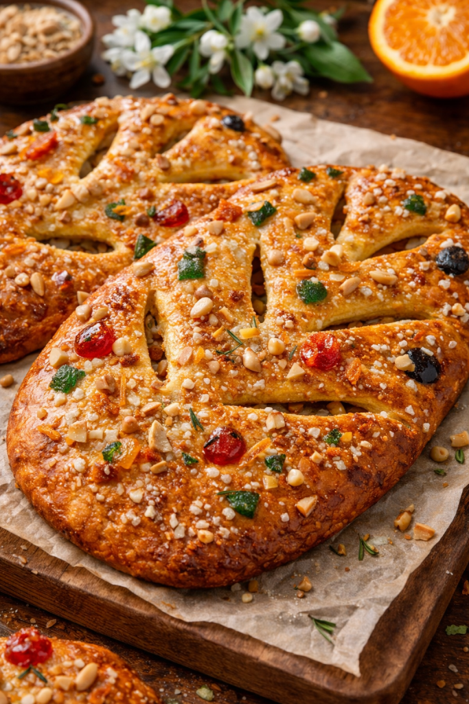 Fougasse monégasque traditional sweet bread with orange blossom, anise and nuts