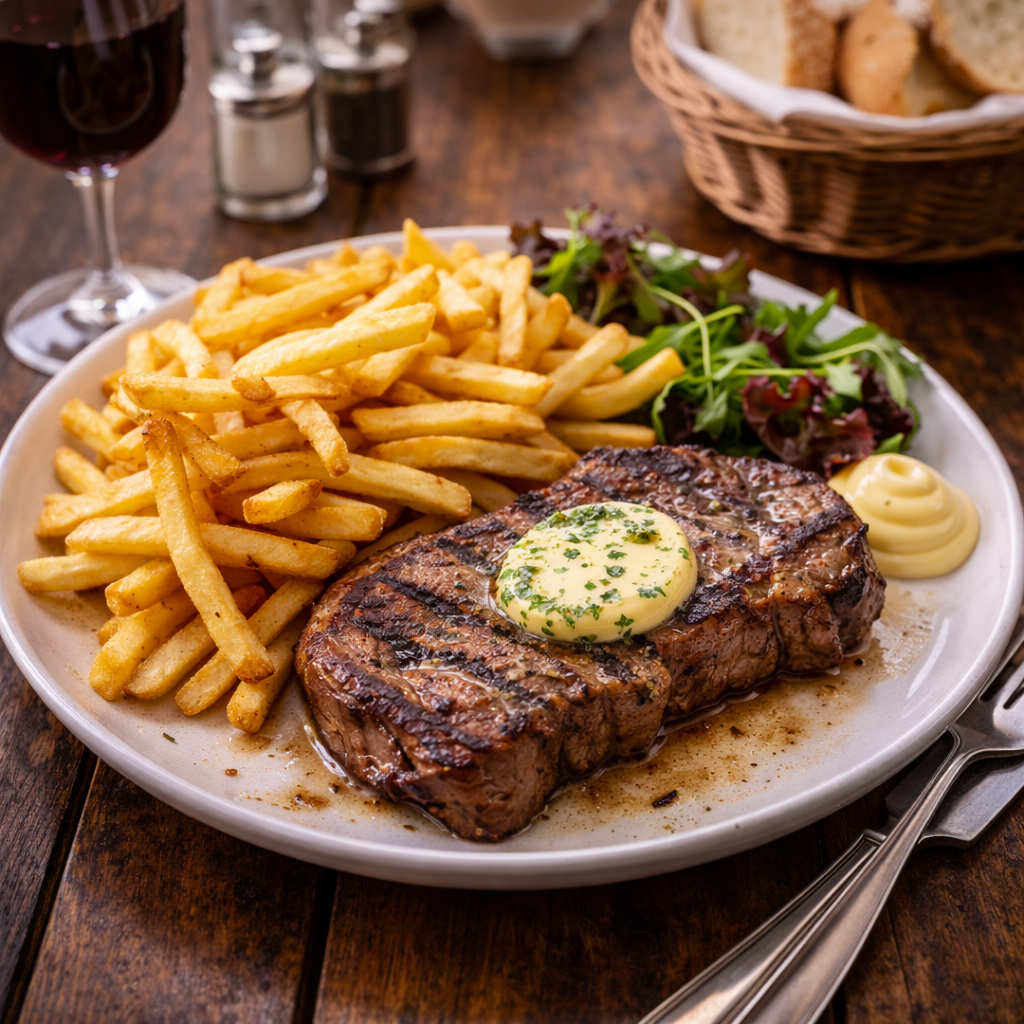 Classic Paris bistro dish steak frites