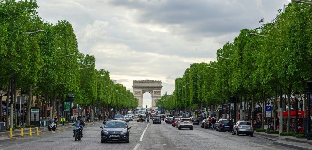 Champs Elysees avenue in Paris with shops and cafes