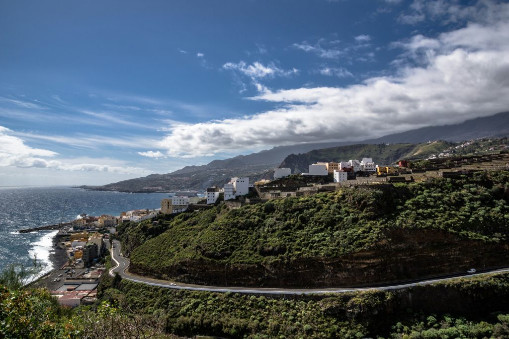 La Palma island covered in green forests and mountains, known for hiking trails and starry night skies
