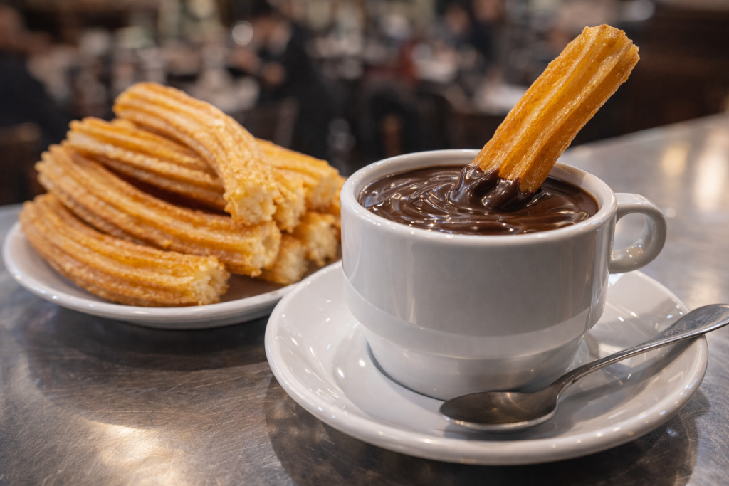 Crispy Spanish churros served with thick hot chocolate for dipping