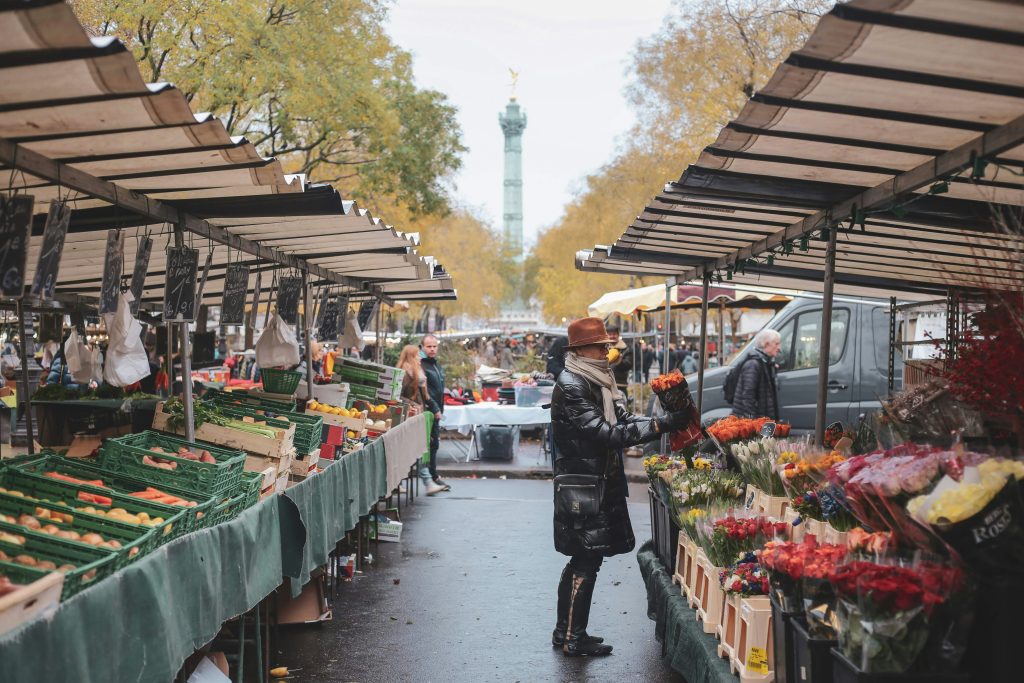 Local Paris market with fresh food and daily life