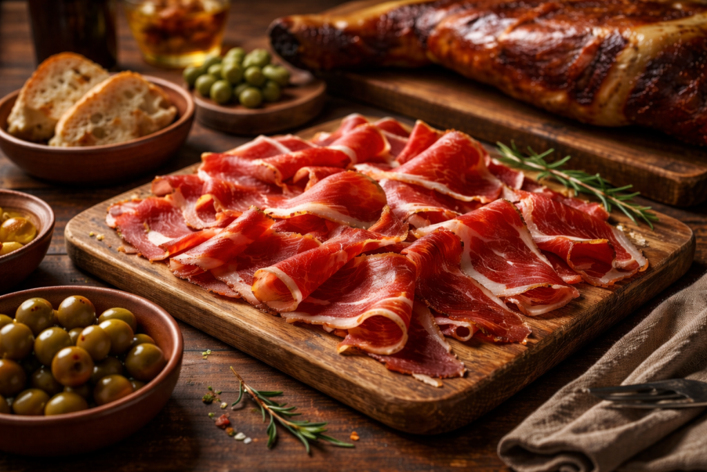 Thinly sliced Jamón Ibérico, Spain’s famous cured ham, served on a wooden plate with bread