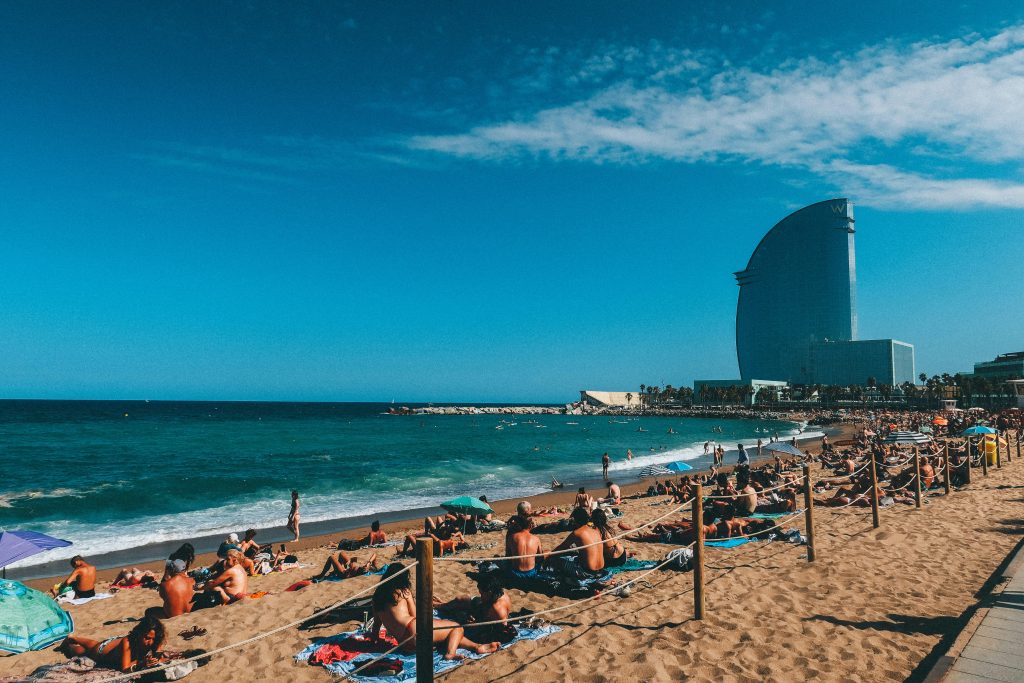 Barceloneta Beach with W Barcelona hotel and city coastline