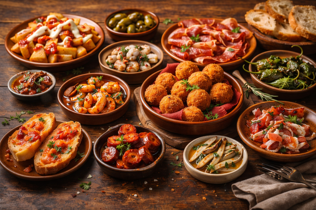 Assorted Spanish tapas including patatas bravas, croquettes, olives, shrimp, and cured meats on a rustic table
