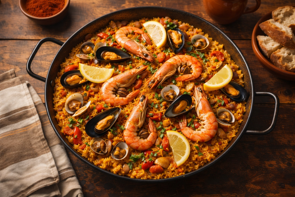 Traditional Spanish paella served in a wide pan with saffron rice, chicken, seafood, and fresh herbs