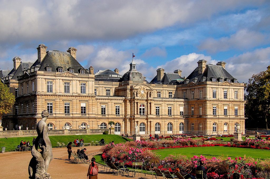Luxembourg Gardens park in Paris with trees and pathways