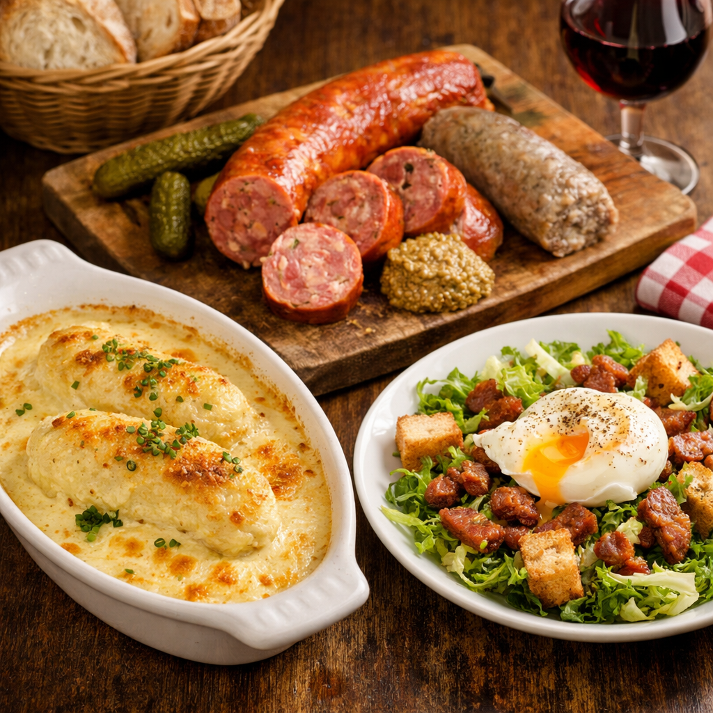 Typical dishes from Lyon including quenelles, sausages, and Lyonnaise salad
