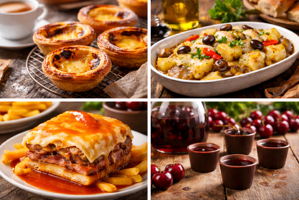Traditional Portuguese food collage featuring pastel de nata custard tarts, bacalhau salt-cod dish with potatoes and olives, a Francesinha sandwich with melted cheese and sauce, and small cups of Ginjinha cherry liqueur