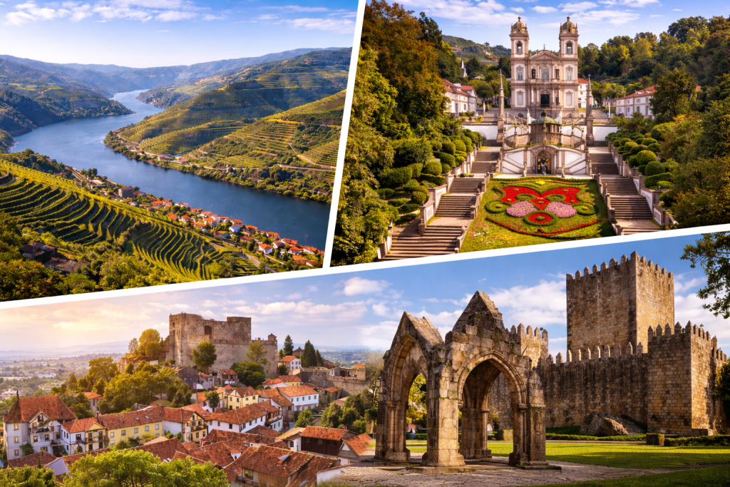 Collage showing the Douro Valley’s terraced vineyards along the river, the baroque sanctuary of Bom Jesus do Monte in Braga, and the medieval castle and historic center of Guimarães in northern Portugal
