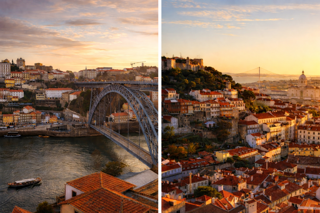 Split-screen comparison of Porto and Lisbon Portugal featuring Dom Luís I Bridge in Porto and Lisbon skyline at sunset