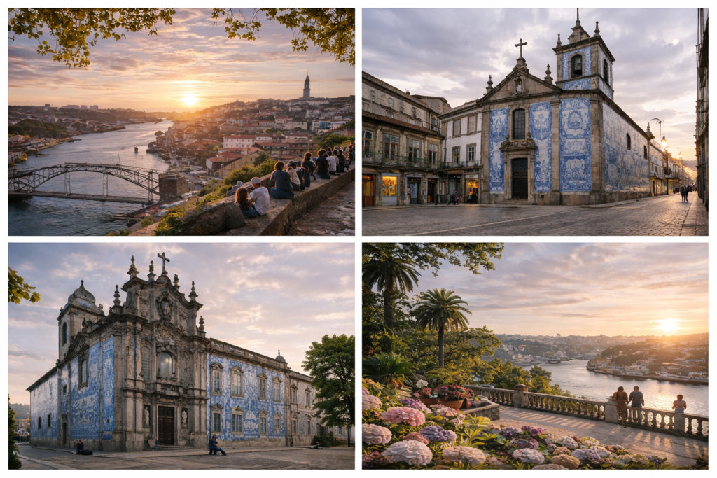 Hidden gems in Porto featuring Miradouro das Virtudes sunset view, Capela das Almas blue tiles, Igreja do Carmo façade and Jardins do Palácio de Cristal overlooking the Douro River