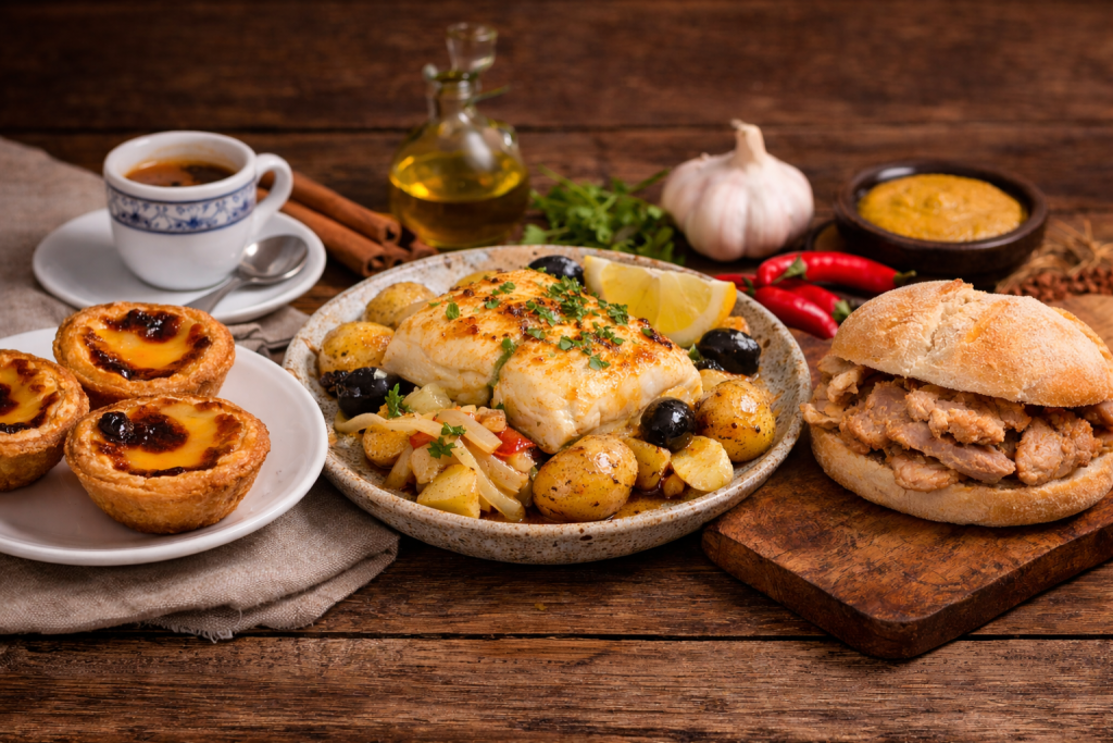 Traditional Portuguese foods in Lisbon including Pastel de Nata, Bacalhau with potatoes, and Bifana sandwich on a rustic wooden table