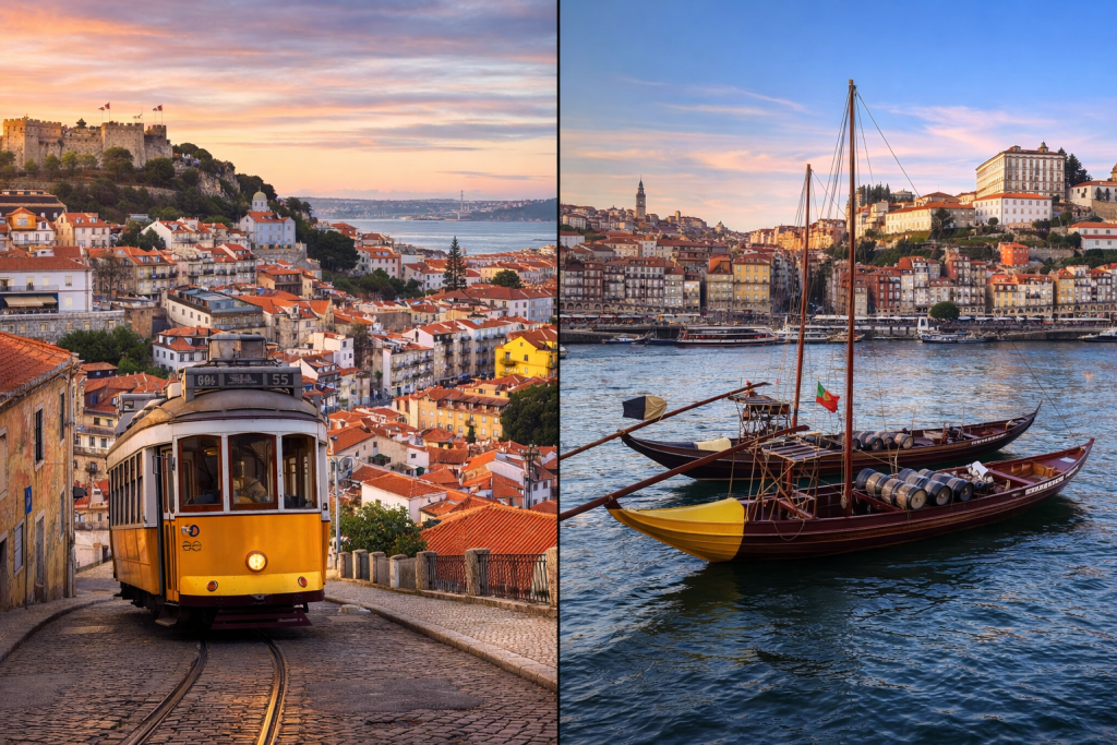 Lisbon vs Porto Portugal comparison showing historic tram and Douro River waterfront