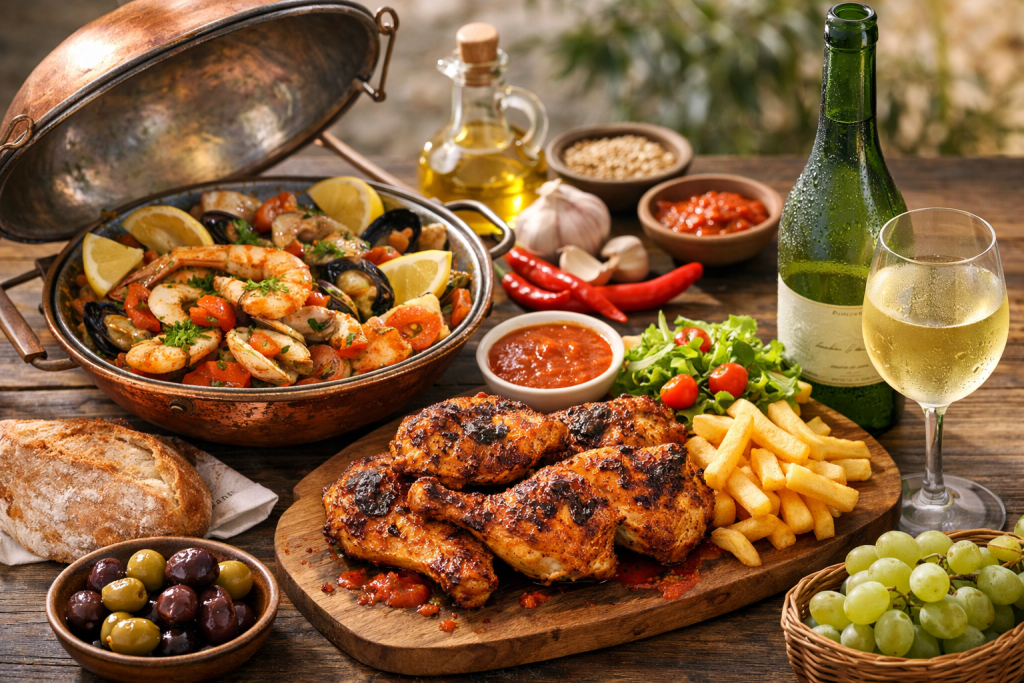 Traditional Algarve food including cataplana seafood stew, piri piri chicken and Vinho Verde wine on rustic table