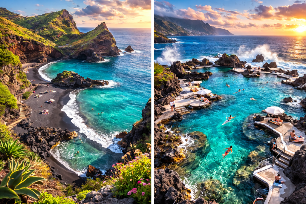 Prainha volcanic cove with black sand and Porto Moniz natural lava swimming pools in Madeira