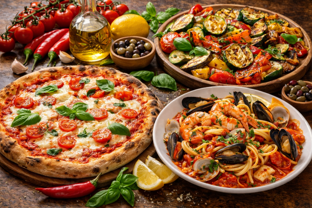 Southern Italian cuisine with Neapolitan pizza, fresh vegetables, seafood, and bold Mediterranean flavors