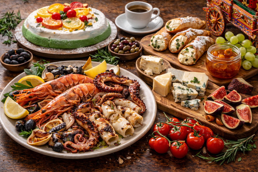 Island-style Italian cuisine featuring seafood dishes, local cheeses, traditional desserts, and authentic regional specialties