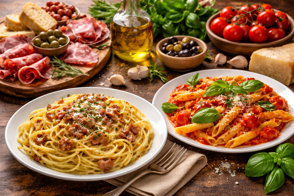 Classic Central Italian food with fresh pasta, olive oil, tomatoes, cured meats, and rustic Tuscan-style ingredients