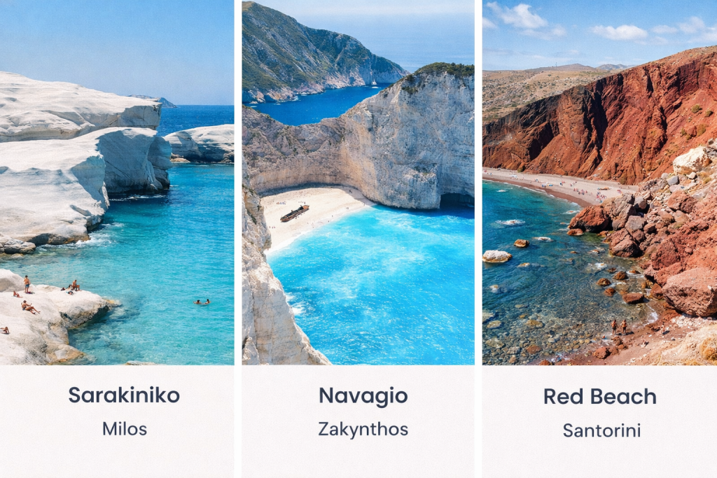 Dramatic cliff beaches in Greece: Sarakiniko, Navagio and Red Beach