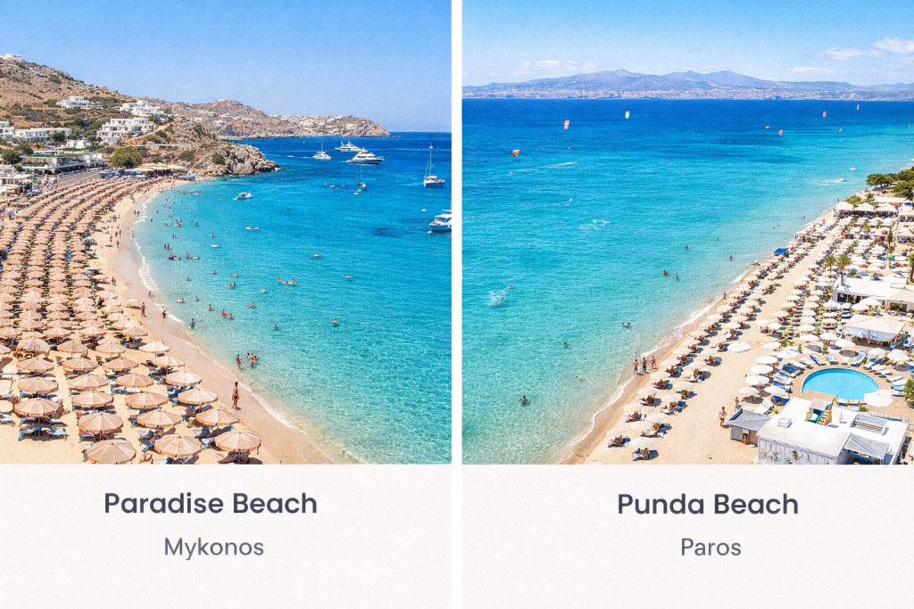 Best party beaches in Greece: Paradise Beach (Mykonos) and Punda Beach (Paros)