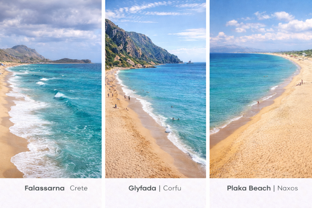Falassarna Beach Crete, Glyfada Beach Corfu and Plaka Beach Naxos with turquoise water and golden sand in Greece