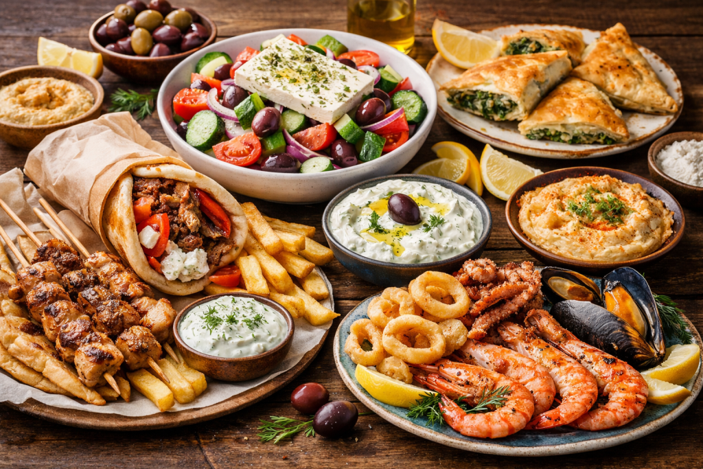 Traditional Greek food spread with souvlaki, gyros, Greek salad, tzatziki, spanakopita and fresh seafood in Athens Greece