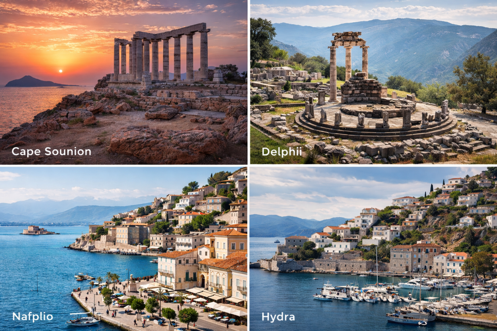 Cape Sounion, Delphi, Nafplio and Hydra day trips from Athens Greece with Temple of Poseidon, ancient ruins and coastal views