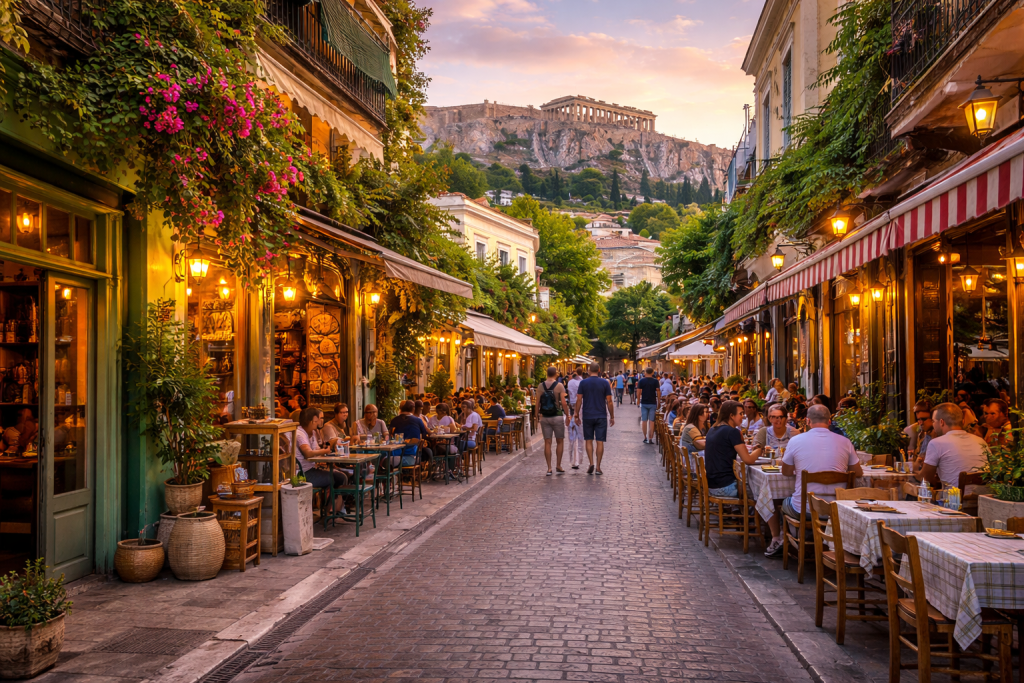 Koukaki neighborhood in Athens Greece with local cafes and Acropolis view