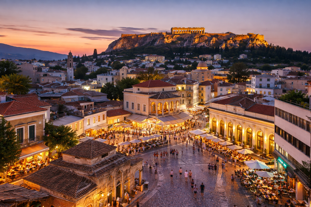 Monastiraki Square and Psiri district in Athens Greece with Acropolis at sunset