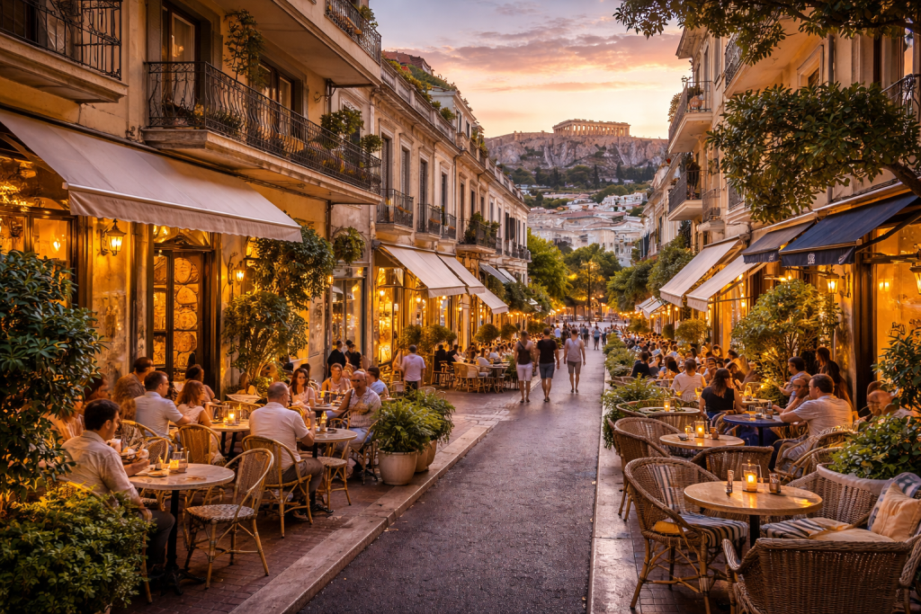 Kolonaki neighborhood in Athens Greece with upscale cafes and Acropolis view