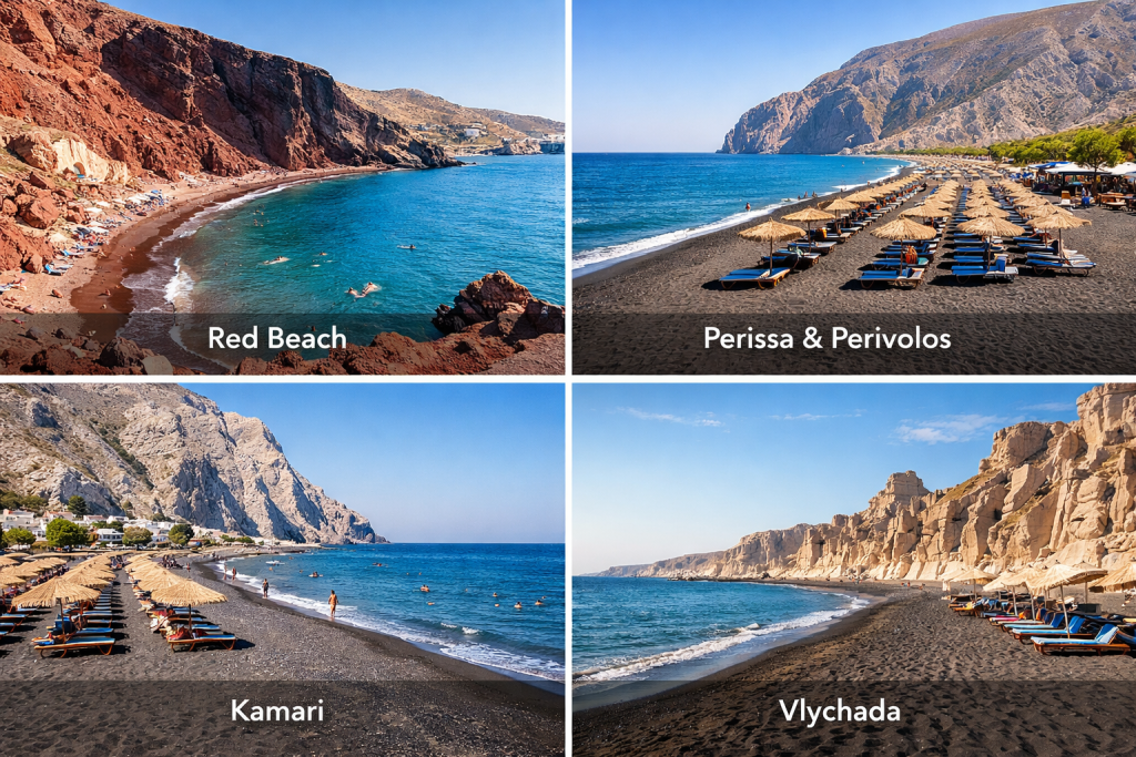 Santorini volcanic beaches collage featuring Red Beach, Perissa & Perivolos, Kamari and Vlychada with black sand and dramatic cliffs