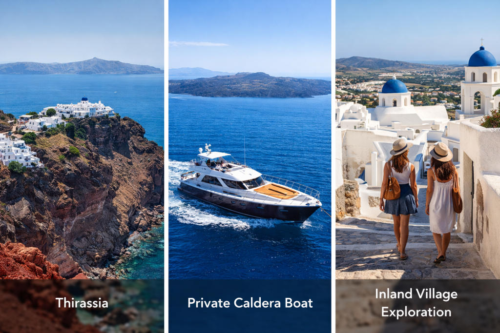 Santorini day trips collage featuring Thirassia island cliffs, private caldera boat tour and inland village exploration