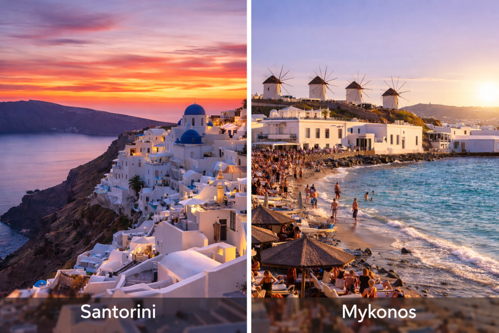 Santorini cliffside sunset with white houses contrasted with Mykonos beach scene and windmills in Greece