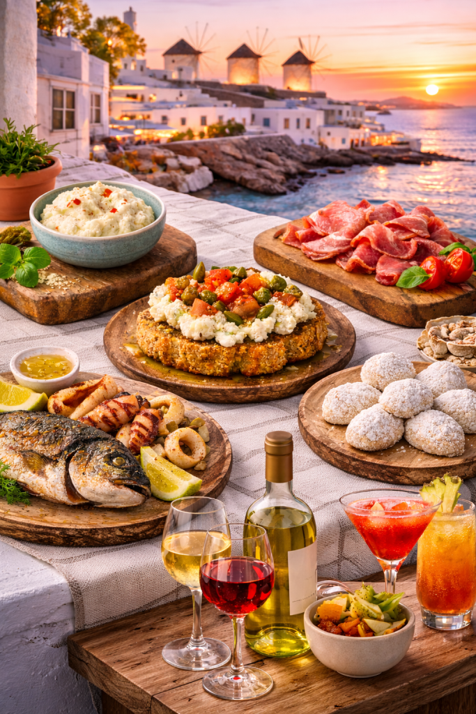 Mykonos traditional food table at sunset with kopanisti cheese, louza cured pork, mostra barley rusk, grilled seafood, amygdalota almond sweets, wine and cocktails, overlooking white Cycladic houses and windmills by the Aegean Sea.