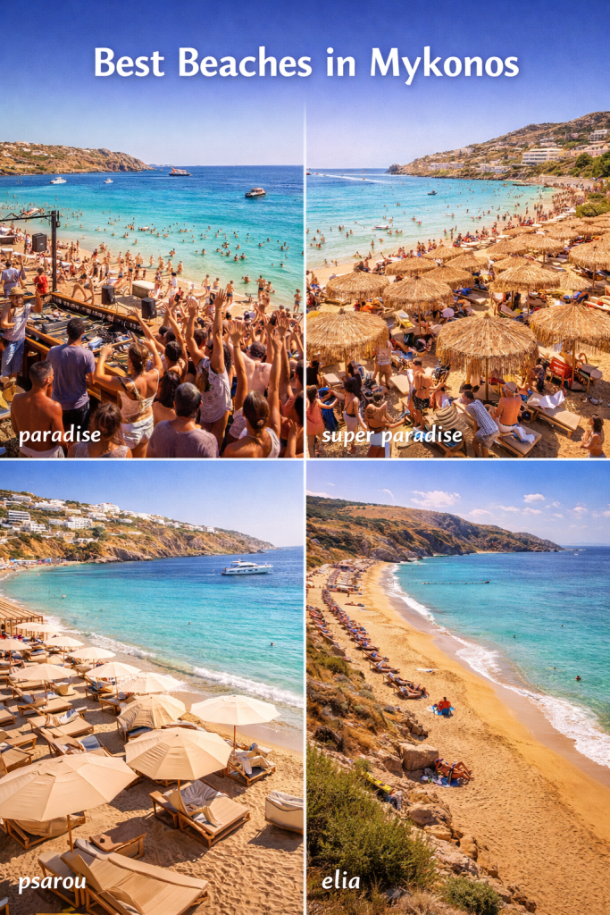 Collage of the best beaches in Mykonos featuring paradise and super paradise party beaches with DJs and crowds, psarou luxury sunbeds and yachts, elia long golden shoreline with turquoise water, and agios sostis natural unorganized beach with clear Aegean sea.