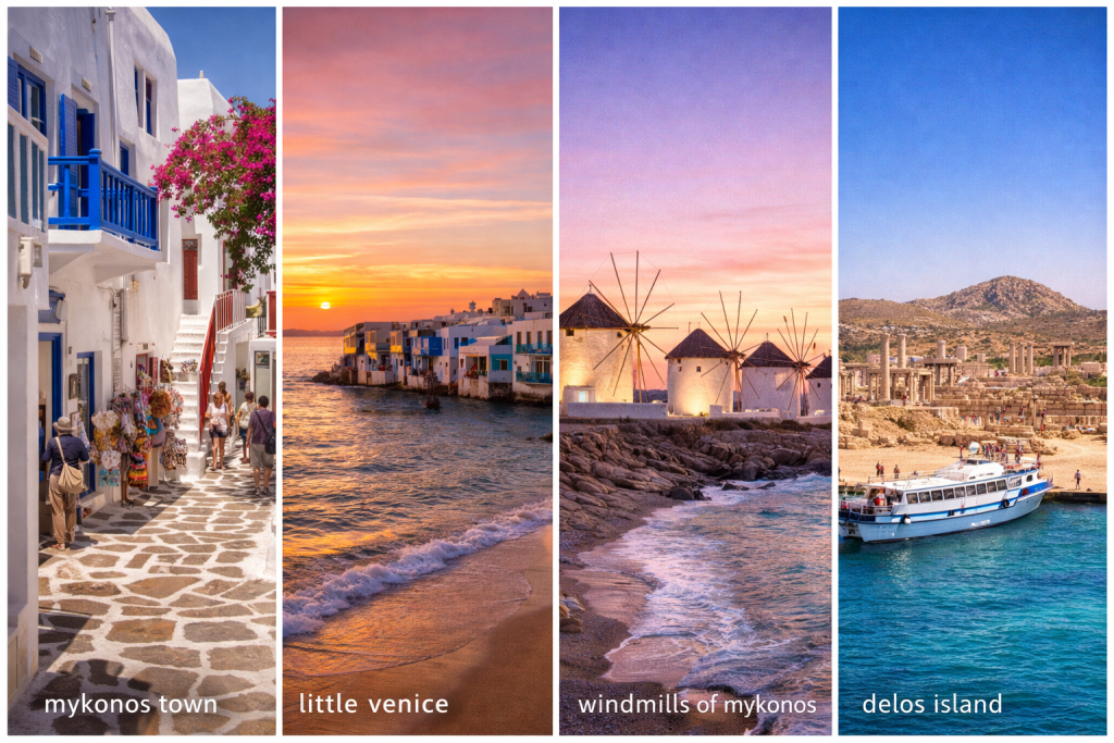 Horizontal collage of top things to do in Mykonos featuring mykonos town marble alleys, little venice sunset by the sea, windmills of mykonos at golden hour, and delos island archaeological ruins with boat arrival.