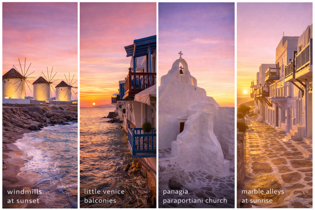 Horizontal collage of Mykonos photo spots featuring windmills at sunset, little venice balconies over the Aegean, panagia paraportiani church in golden light, and marble alleys at sunrise.
