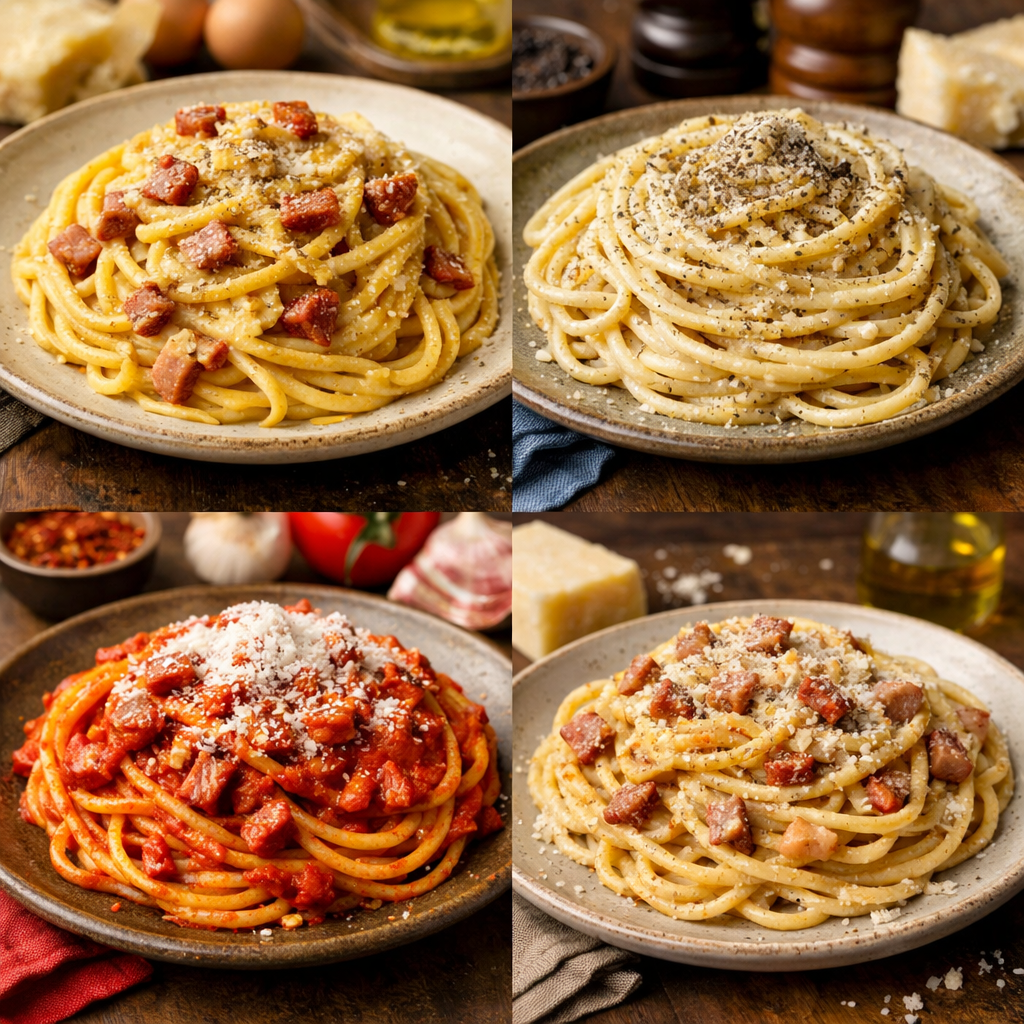 “Four traditional Roman pasta dishes — Carbonara, Cacio e Pepe, Amatriciana, and Gricia — served on rustic plates, showcasing classic Roman cuisine and authentic Italian flavors.”
