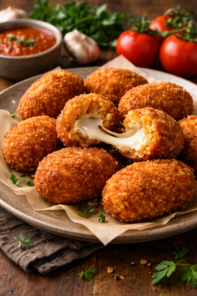 Supplì, traditional Roman street food made of fried rice balls filled with melted mozzarella, served hot in Rome, Italy